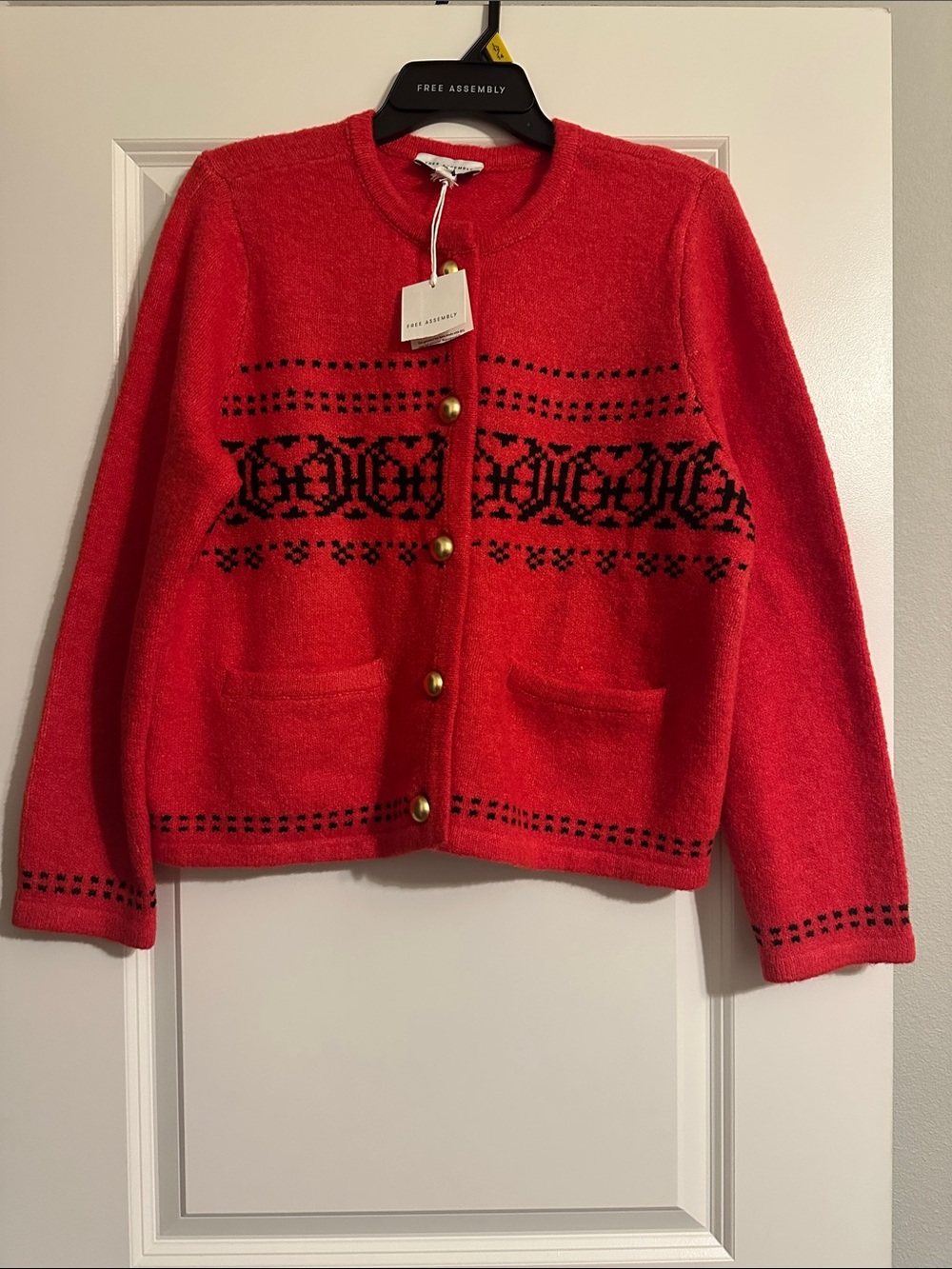 Free Assembly Red Knit Cardigan with Black Fair Isle Motif